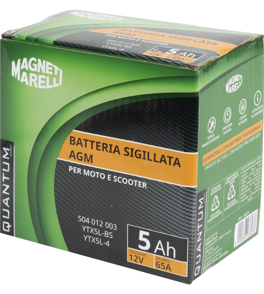 MAGNETI MARELLI BATTERIA MOTO E SCOOTER  TECNOLOGIA 5AH 12V 65A AGM SIGILLATA POLO POSITIVO DESTRO